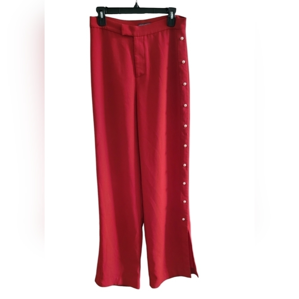 Chelsea & Theodore Red Pearl Embellished Wide Leg Pants Size Medium - Picture 6 of 12